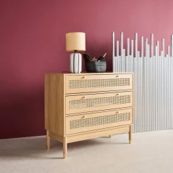 Cômoda decoração madeira e palhinha 3 gavetas