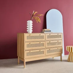 Cômoda decor madeira e cana, 6 gavetas