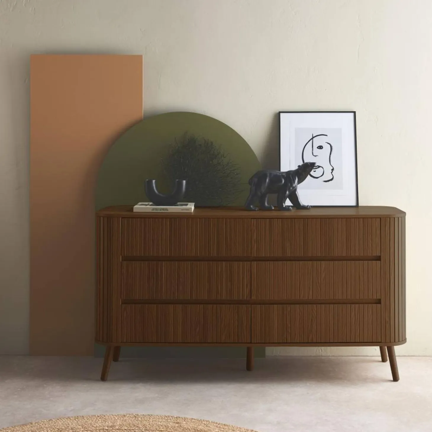 Cómoda de 6 gavetas, decoração estriada natural
