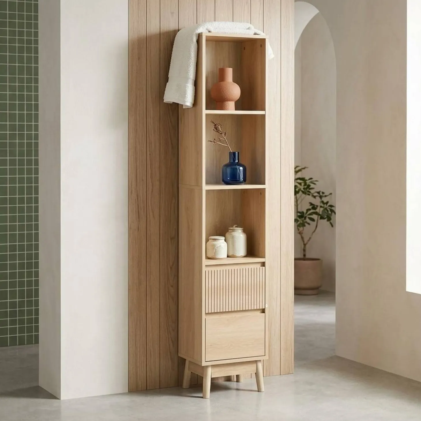 Coluna de armazenamento decoração madeira, 3 prateleiras 2 gavetas