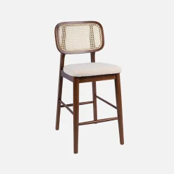 Conjunto de 2 bancos de bar em madeira de seringueira com palhinha e tecido boucle 66,5cm