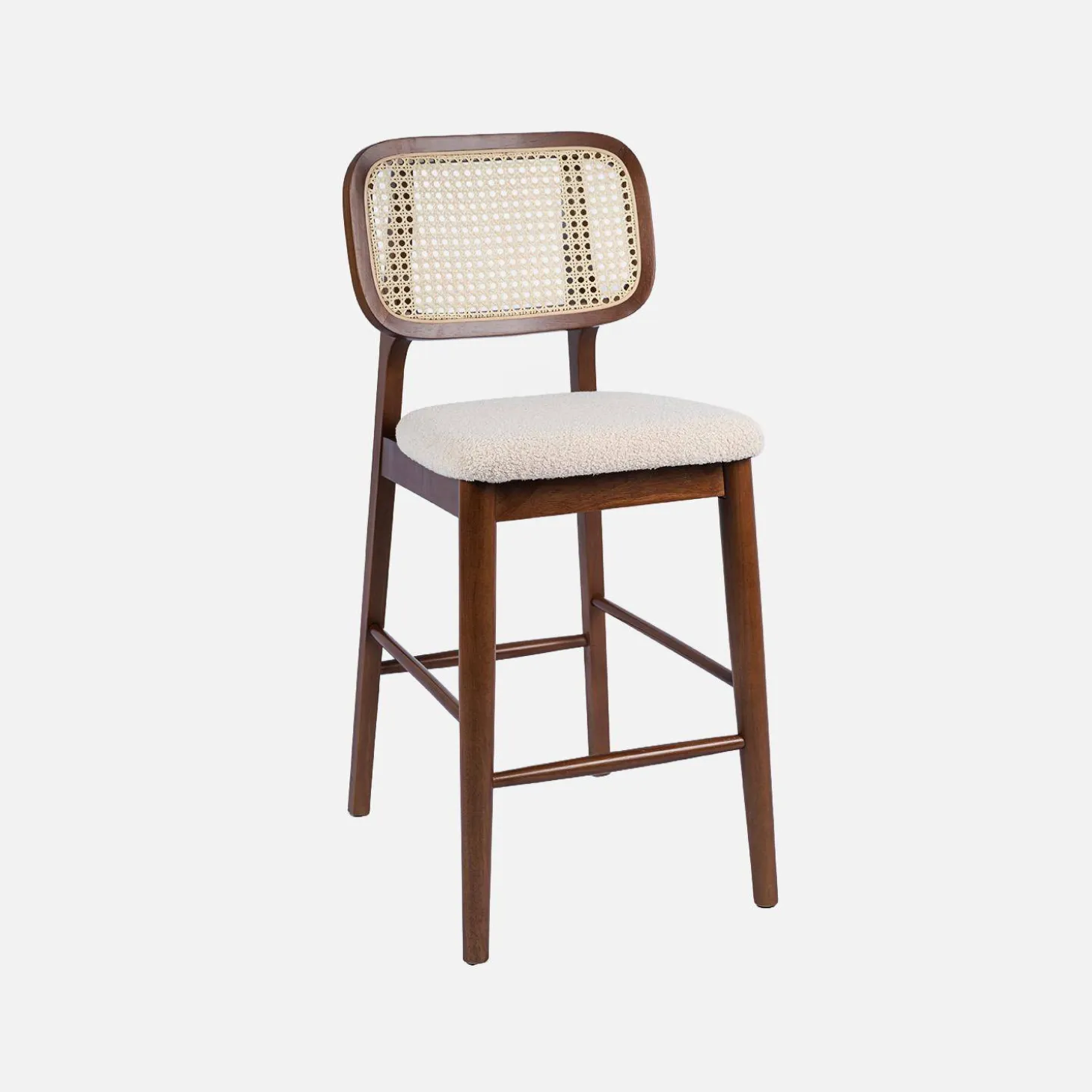 Conjunto de 2 bancos de bar em madeira de seringueira com palhinha e tecido boucle 66,5cm