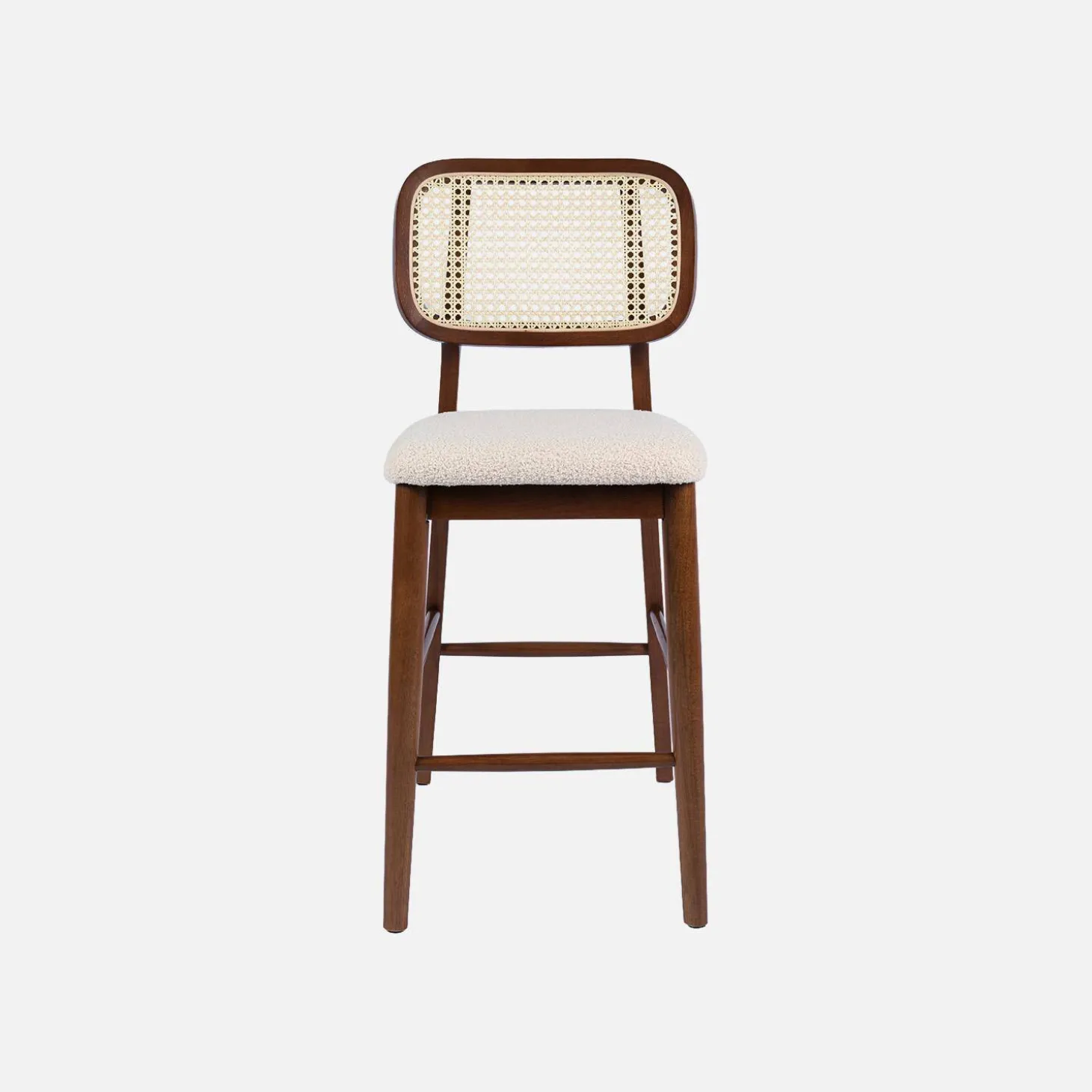Conjunto de 2 bancos de bar em madeira de seringueira com palhinha e tecido boucle 66,5cm