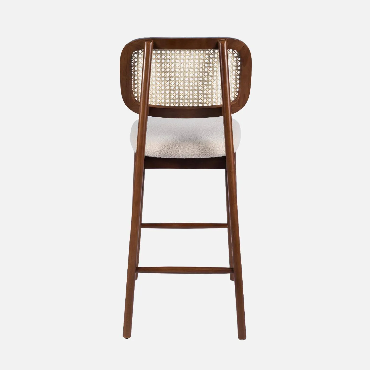 Conjunto de 2 bancos de bar em madeira de seringueira com palhinha e tecido boucle 66,5cm