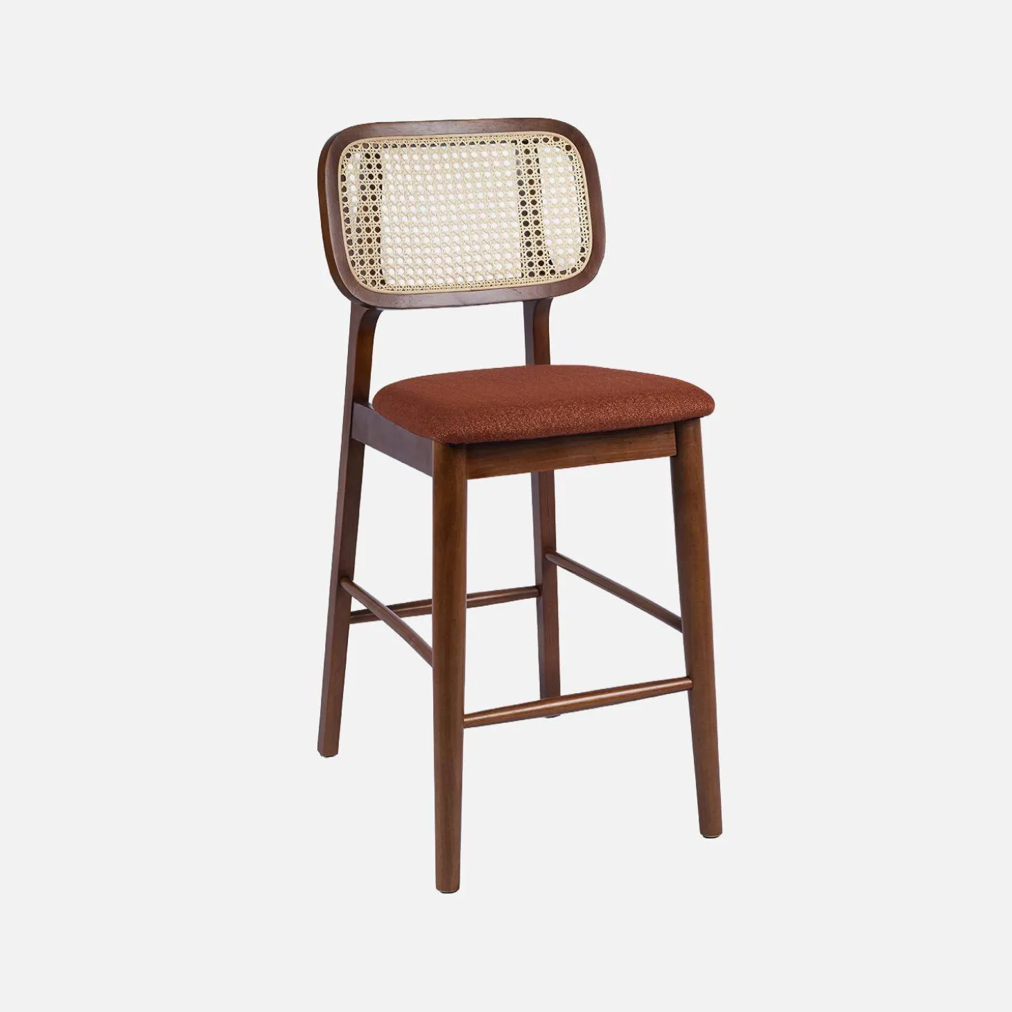Conjunto de 2 bancos de bar vintage em madeira de seringueira com palhinha e tecido 66,5cm