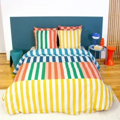 Conjunto de cama de algodão com estampas de listras multicoloridas para 2 pessoas