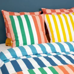 Conjunto de cama de algodão com estampas de listras multicoloridas para 2 pessoas