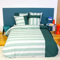 Conjunto de cama de algodão com estampas de listras para 2 lugares, branco e verde