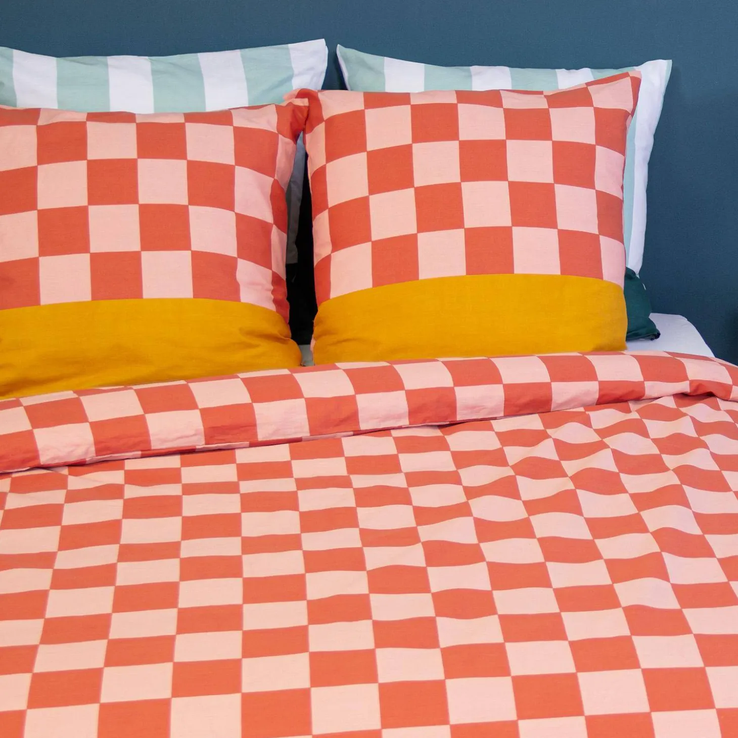 Conjunto de cama de algodão com padrão xadrez para 2 lugares vermelho e laranja