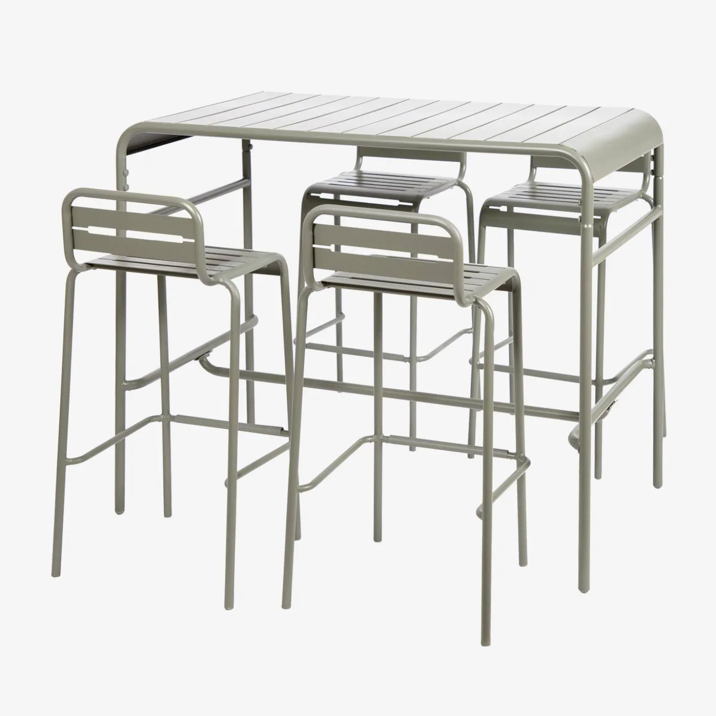 Conjunto de jardim com mesa alta bistrô em aço com 4 cadeiras altas de aço, 120cm