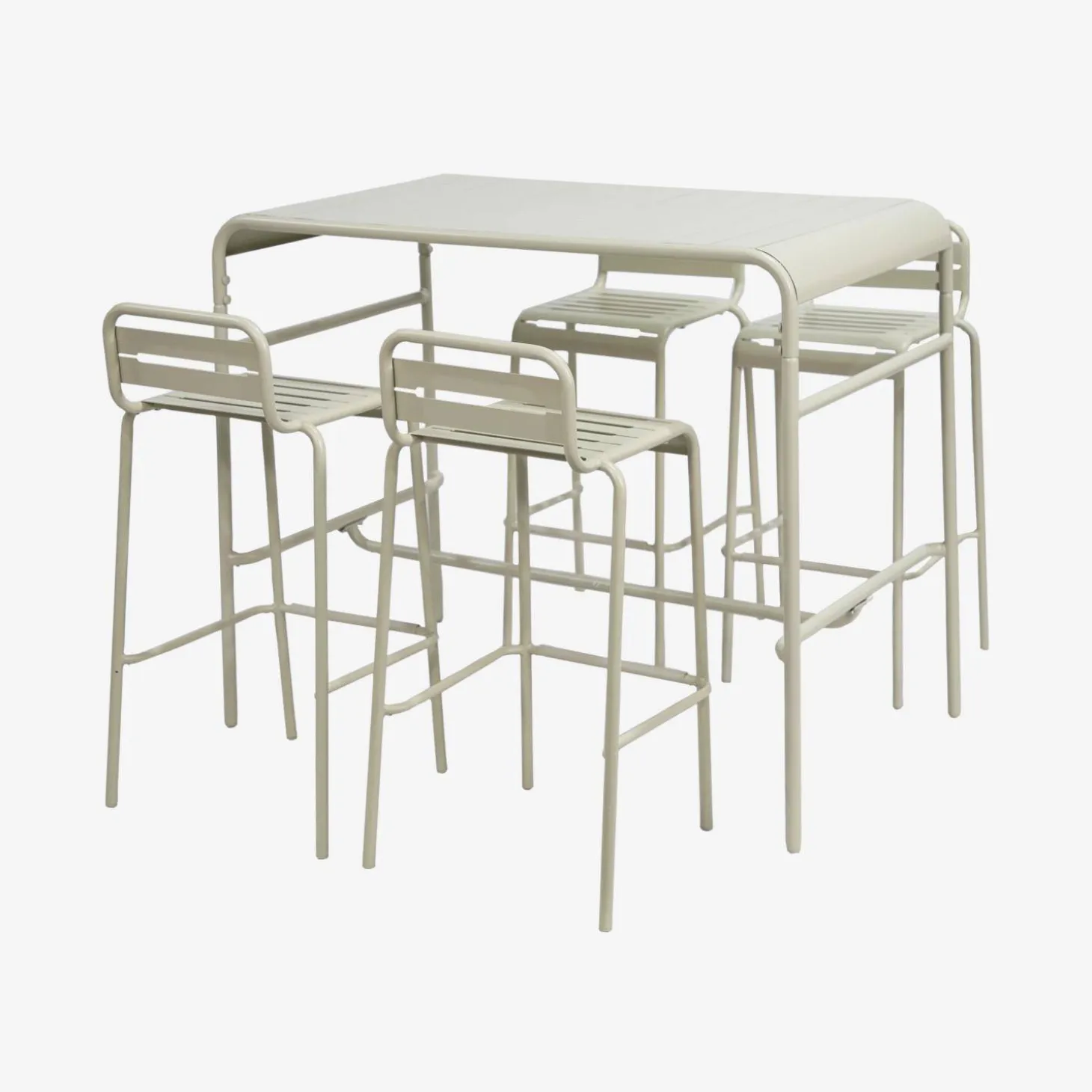 Conjunto de jardim com mesa alta bistrô em aço com 4 cadeiras altas de aço, 120cm