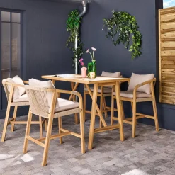 Conjunto de jardim com mesa alta em madeira de acácia com 4 cadeiras
