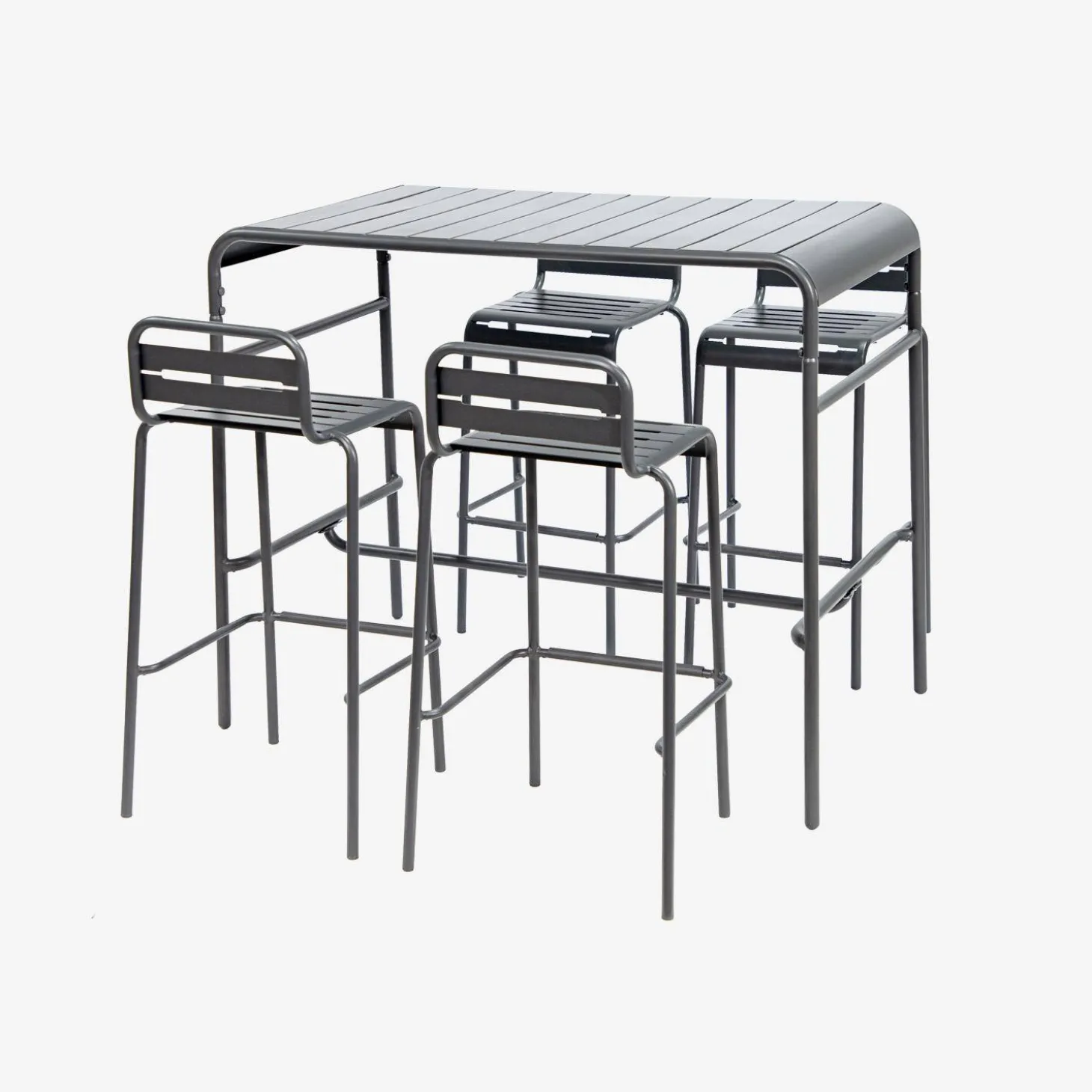 Conjunto de jardim com mesa alta bistrô em aço com 4 cadeiras altas de aço, 120cm