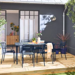 Conjunto de jardim com mesa bistrô de 160cm em aço com 2 poltronas e 4 cadeiras