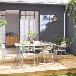 Conjunto de jardim com mesa bistrô de 160cm em aço com 2 poltronas e 4 cadeiras