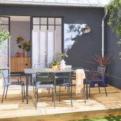 Conjunto de jardim com mesa bistrô de 160cm em aço com 2 poltronas e 4 cadeiras