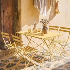 Conjunto de jardim com mesa bistrô dobrável de 110cm em aço com 4 cadeiras
