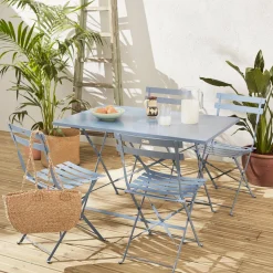 Conjunto de jardim com mesa bistrô dobrável de 110cm em aço com 4 cadeiras