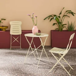 Conjunto de jardim com mesa bistrô dobrável redonda de aço com 2 cadeiras- Balconea
