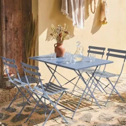 Conjunto de jardim com mesa bistrô dobrável de 110cm em aço com 4 cadeiras