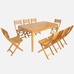 Conjunto de jardim com mesa de acácia com cantos arredondados com 8 cadeiras