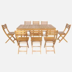 Conjunto de jardim com mesa de acácia com cantos arredondados com 8 cadeiras