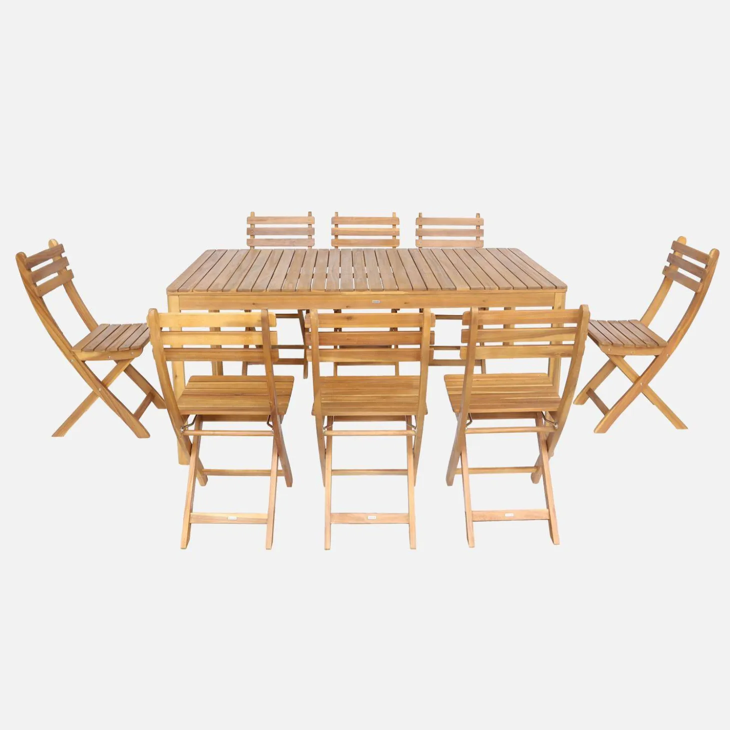 Conjunto de jardim com mesa de acácia com cantos arredondados com 8 cadeiras