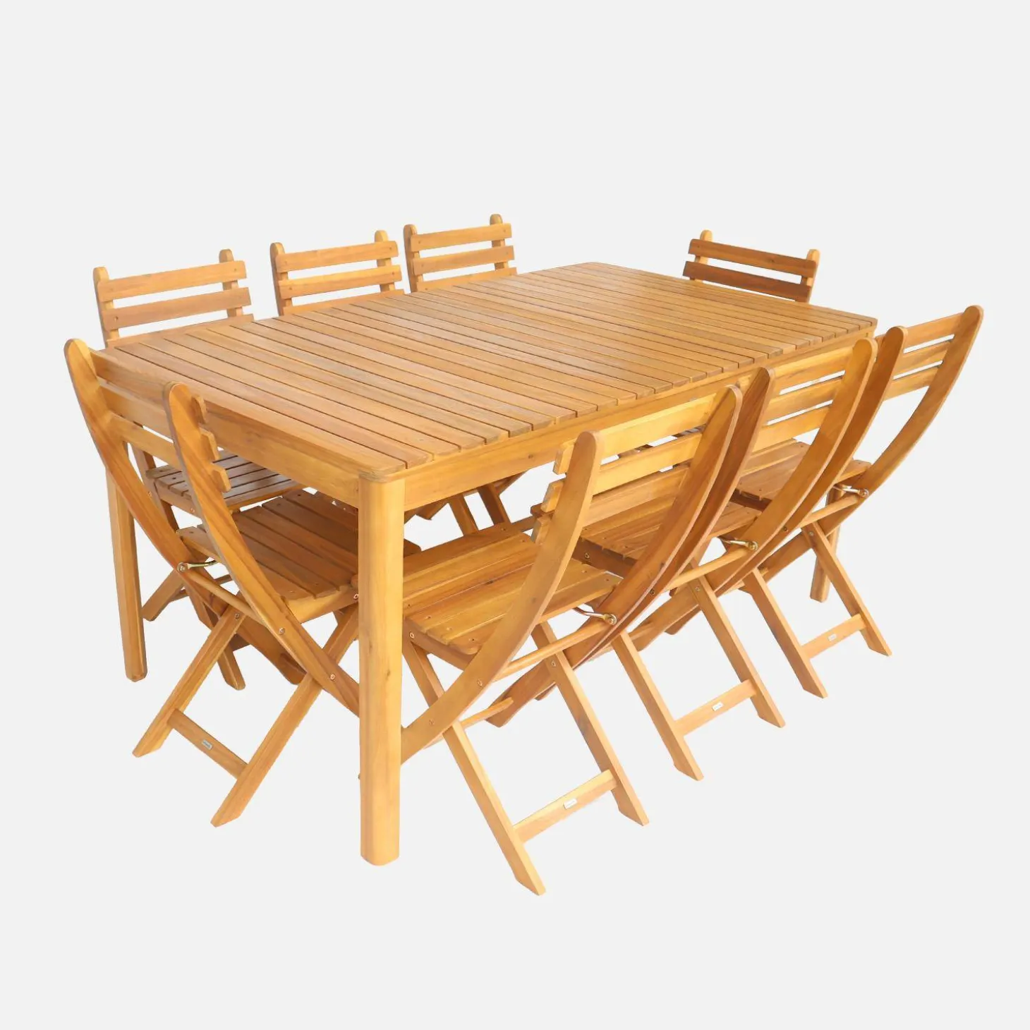 Conjunto de jardim com mesa de acácia com cantos arredondados com 8 cadeiras