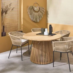 Conjunto de jardim com mesa de jantar redonda em madeira para interior/exterior com 4 cadeiras