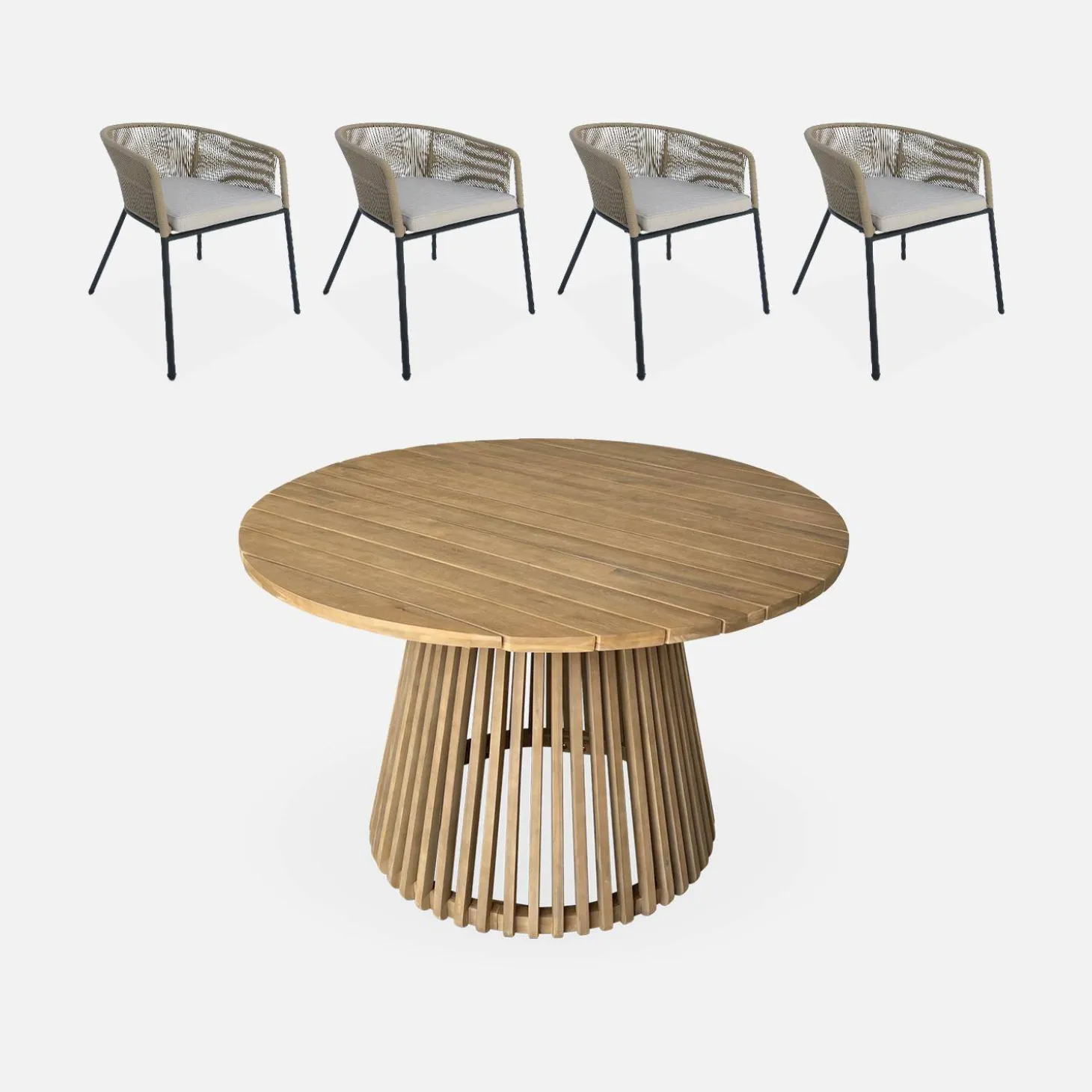 Conjunto de jardim com mesa de jantar redonda em madeira para interior/exterior com 4 cadeiras