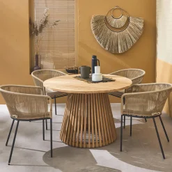 Conjunto de jardim com mesa de jantar redonda em madeira para interior/exterior com 4 cadeiras