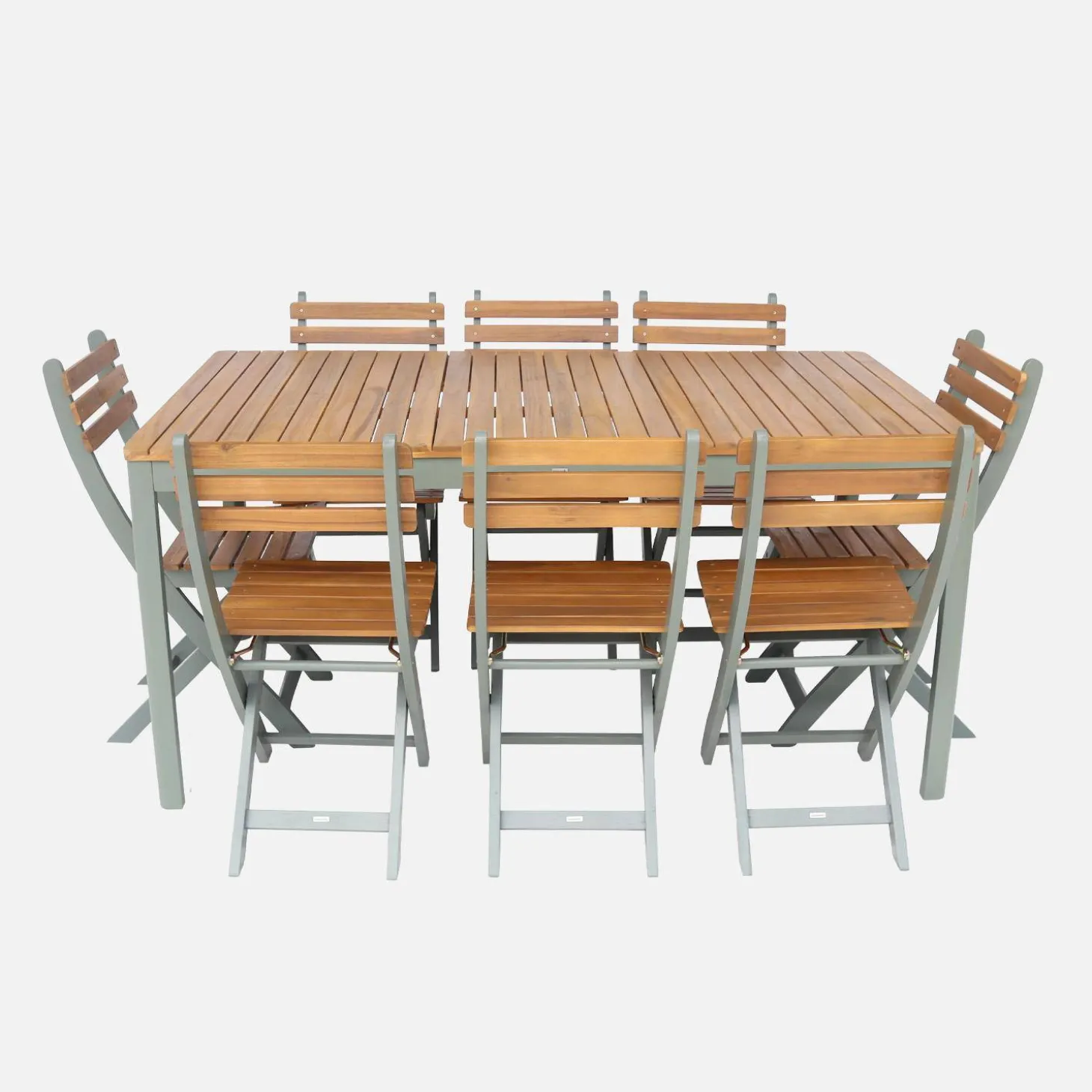 Conjunto de jardim com mesa de acácia com cantos arredondados com 8 cadeiras
