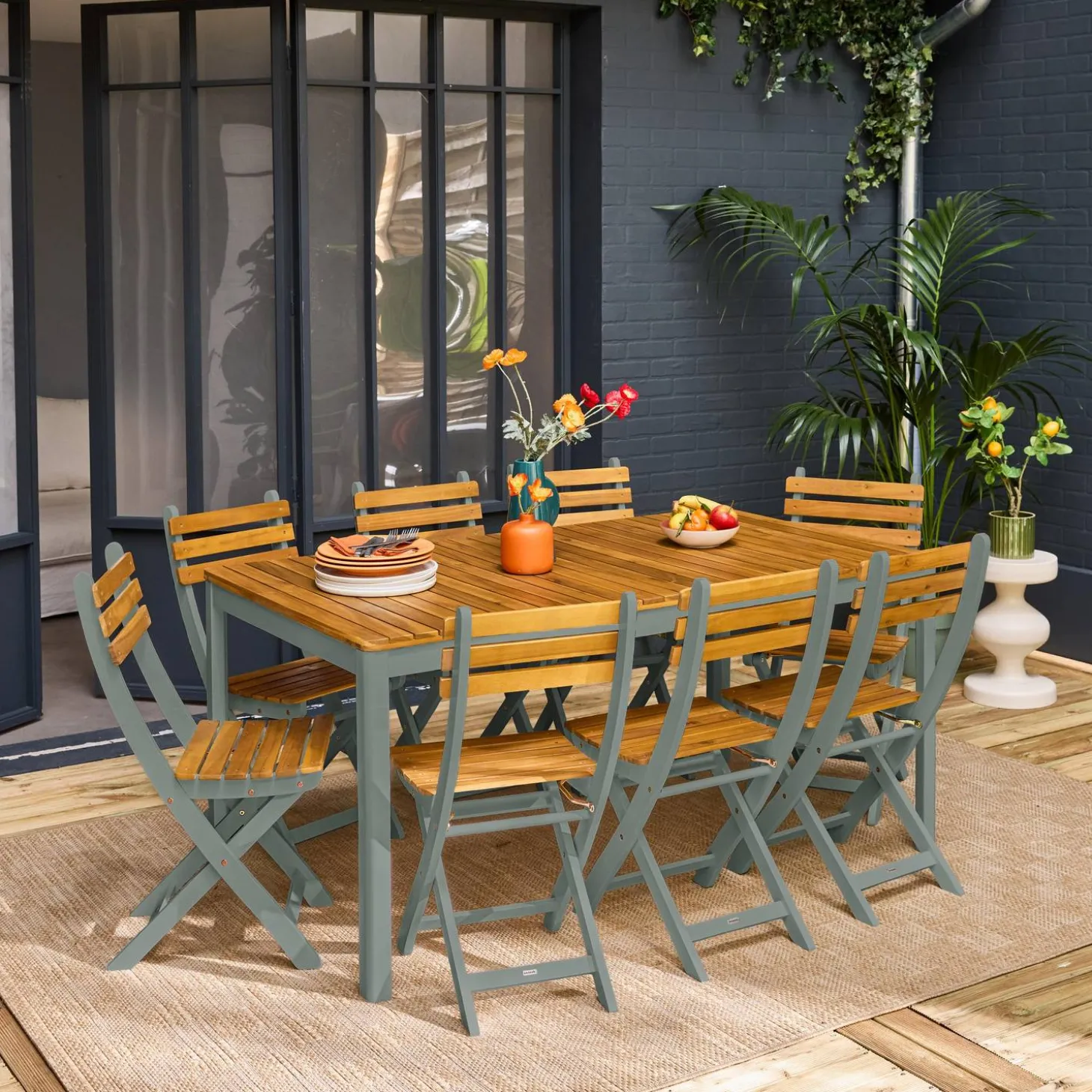 Conjunto de jardim com mesa de acácia com cantos arredondados com 8 cadeiras