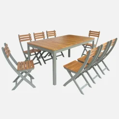 Conjunto de jardim com mesa de acácia com cantos arredondados com 8 cadeiras