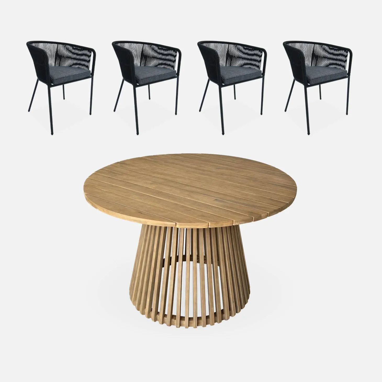 Conjunto de jardim com mesa de jantar redonda em madeira para interior/exterior com 4 cadeiras