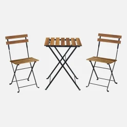 Conjunto de jardim com mesa de bistrô de madeira e metal com 2 cadeiras