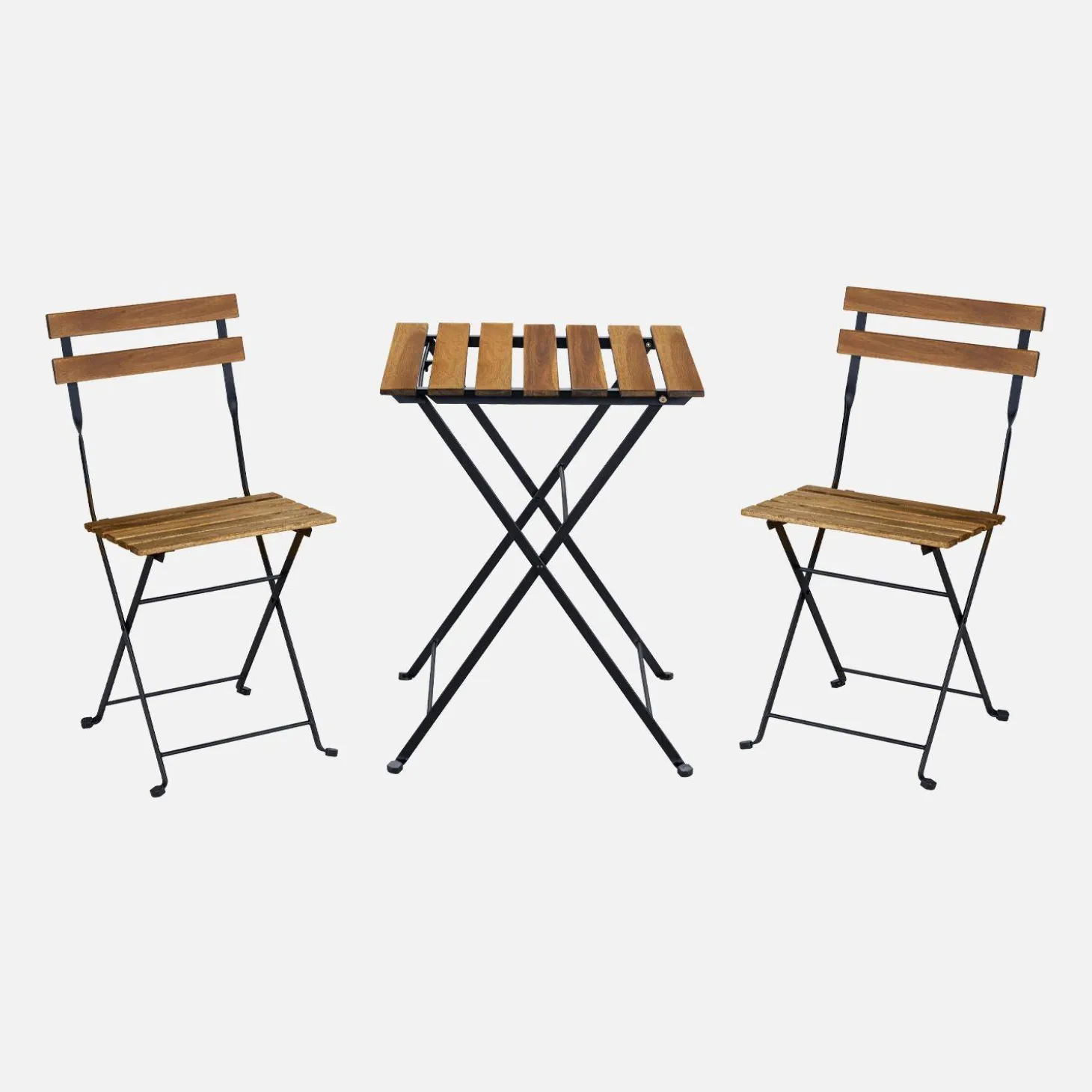 Conjunto de jardim com mesa de bistrô de madeira e metal com 2 cadeiras