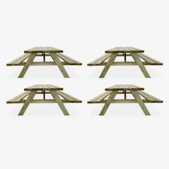 Conjunto de jardim com mesa de piquenique de madeira de pinho de 6 lugares, set de 4