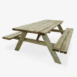 Conjunto de jardim com mesa de piquenique de madeira de pinho de 6 lugares, set de 4