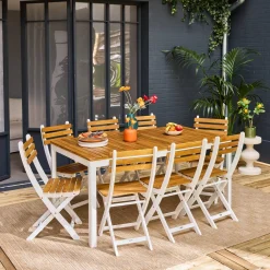 Conjunto de jardim com mesa de acácia com cantos arredondados com 8 cadeiras