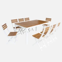 Conjunto de jardim com mesa de acácia com cantos arredondados com 8 cadeiras