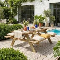 Conjunto de jardim com mesa de piquenique em madeira de pinho com 2 bancos