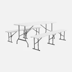 Conjunto de jardim com mesa dobrável para eventos em plástico e aço com 2 bancos, set de 2