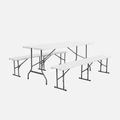 Conjunto de jardim com mesa dobrável para eventos em plástico com 2 bancos