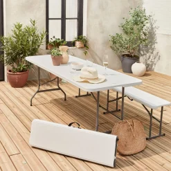 Conjunto de jardim com mesa dobrável para eventos em plástico com 2 bancos