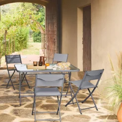 Conjunto de jardim com mesa dobrável de aço com 4 cadeiras