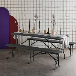 Conjunto de jardim com mesa dobrável para eventos em plástico com 2 bancos
