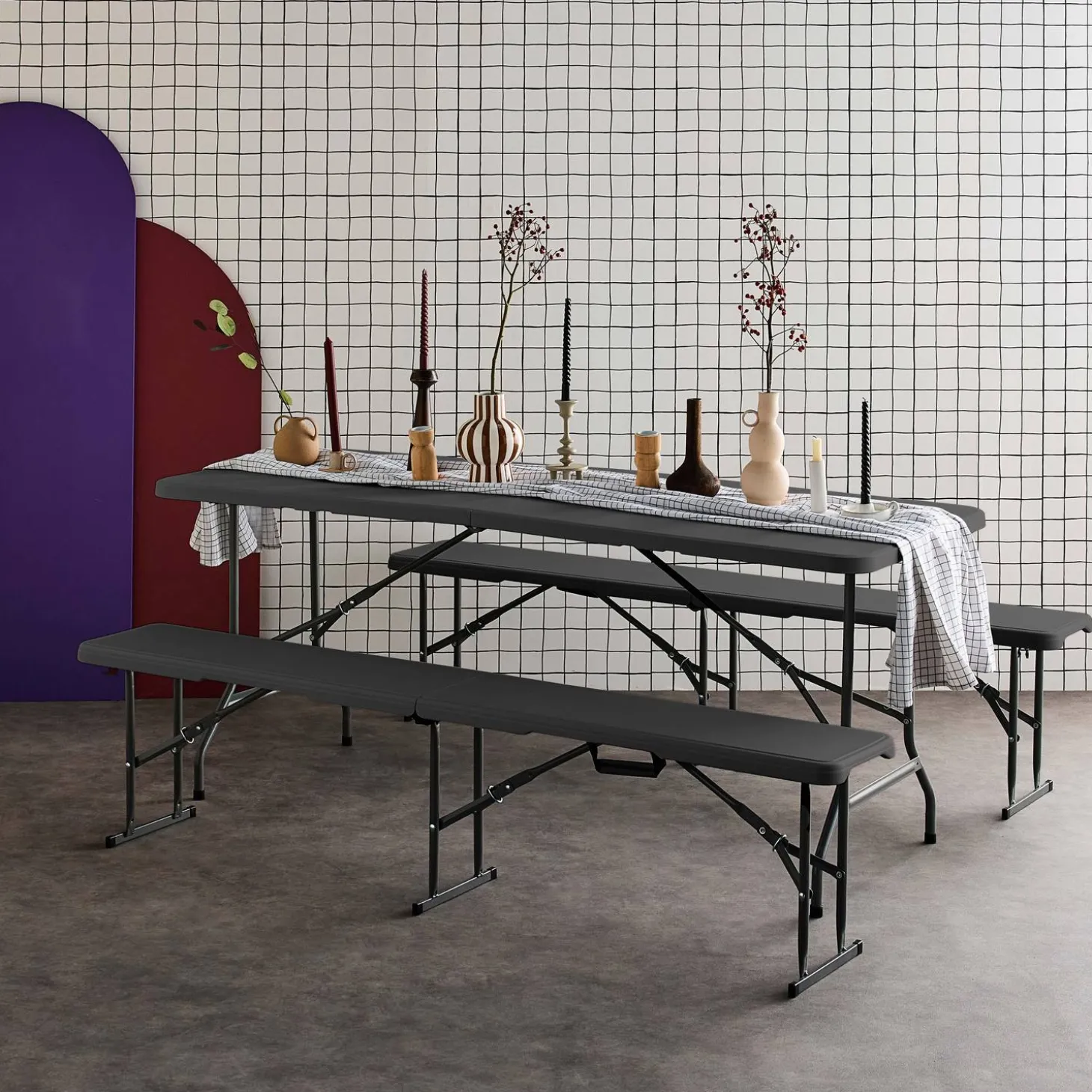 Conjunto de jardim com mesa dobrável para eventos em plástico com 2 bancos