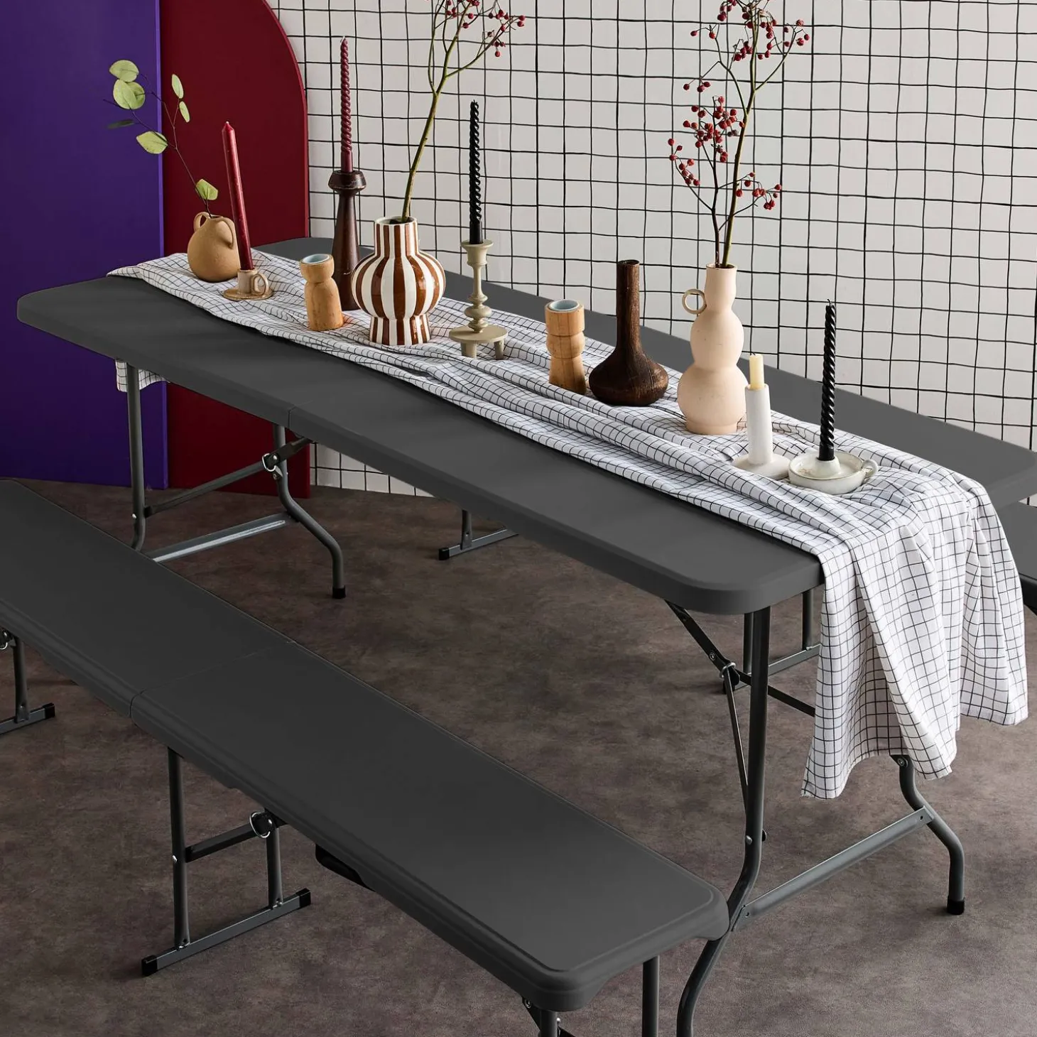 Conjunto de jardim com mesa dobrável para eventos em plástico com 2 bancos