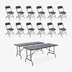 Conjunto de jardim com mesa dobrável para eventos em plástico com 12 cadeiras, conjunto de 2